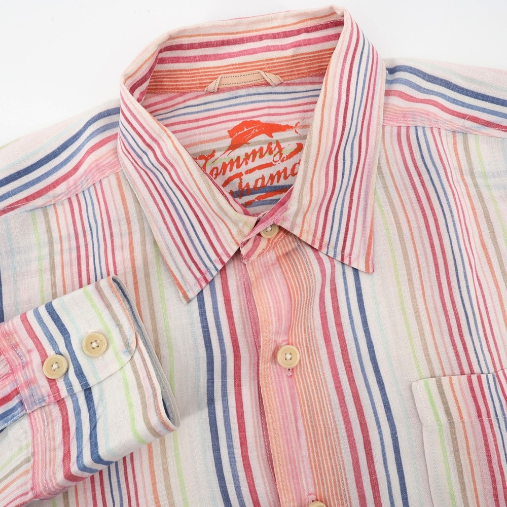 Tommy Bahama‎ Linen Button Down Shirt Multi Color Striped Long Sleeve Mens XL